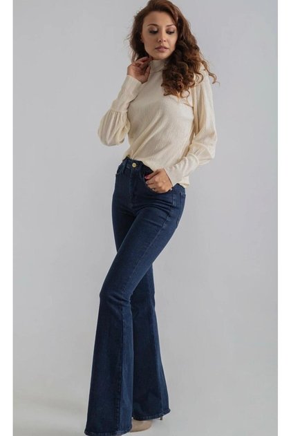 New Season Dark Blue High Waist Lycra Tightening Isp Flared in Denim Pants