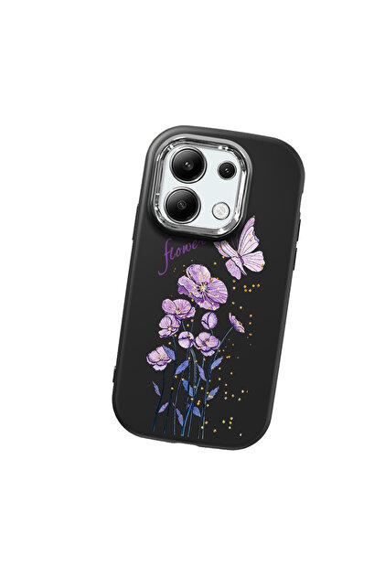 Redmi Note 13 4g Compatible Camera Protected Black Soft Silicone Phone Case Butterfly Flower