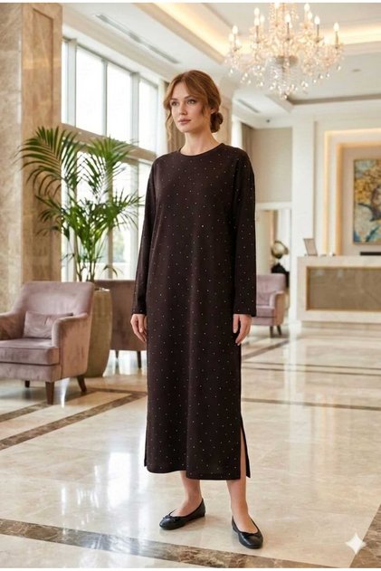 Women's Self-Stone Decorated m Modal Touch Fabric Dress with Slits, Stylish and Comfortable