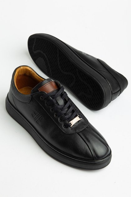 Genuine Leather Men's Daily Casual Shoes Black with Tied and Stitched Details
