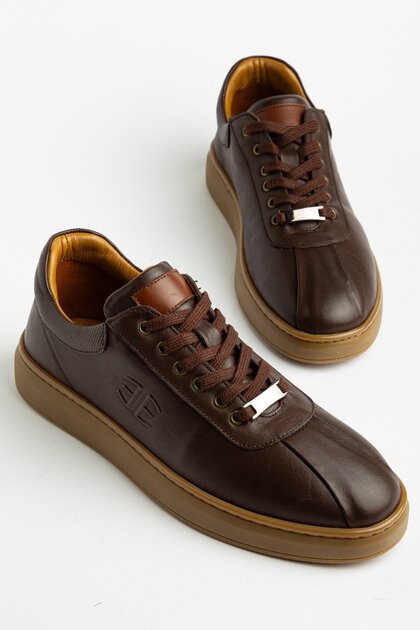 Genuine Leather Men's Daily Casual Shoes Brown with Tied Front Stitching