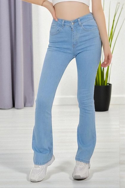 Liyo Women's Non-Fading Stretch Fabric High Waist Denim Light Blue Flared Jeans