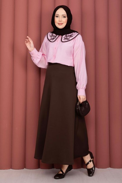 Collar Embroidered Skirt Top Shirt Pink