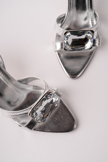 Adelia Metallic Silver Women's Wedding Party Heeled Evening Dress Shoes with Buckled Crystal Stone Details on the Ankle