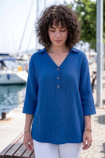 Blue Shirt Collar Buttons 3/4 Sleeve Side Buttons Casual Muslin Woven Blouse 67 67