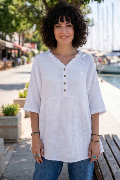 White V-Neck Short Sleeve Buttoned Collar and Cuff Ruffles Casual Muslin Oversized Woven Blouse 77 70
