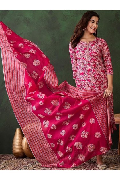 Pink Viscose Rayon Kurta Pant Dupatta - VRN1003 -Pink