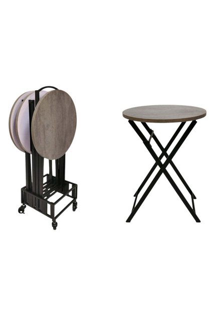 Round Wooden Table Set, 4 Pieces, With Black Iron Stand
