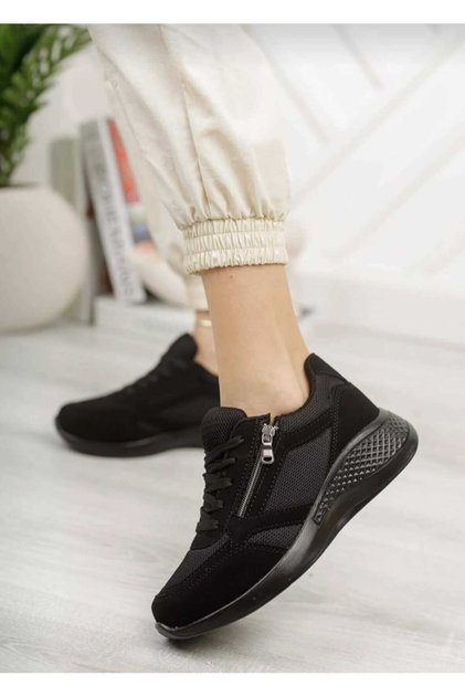 Black Full Orthopedic Side Zippered and Laced Walking Daily Women's Sports Shoes
