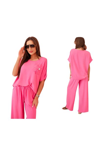 Set de damă din viscoză roz cu aplicații florale și pantaloni lejeri