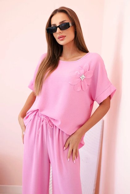 Set de damă din viscoză cu floare decorativă și pantaloni largi în roz deschis