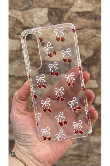 Samsung Galaxy S25 Fe Compatible Cherry Patterned Transparent Clear Case with Shock-Absorbing Camera Protections