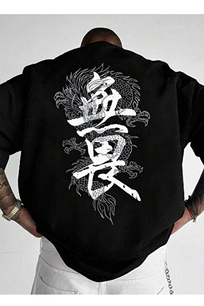 Oversized Japanese Dragon Printed T-Shirt Tokyo Kanji Back Printed Streetwear Unisex Premium T-Shirt