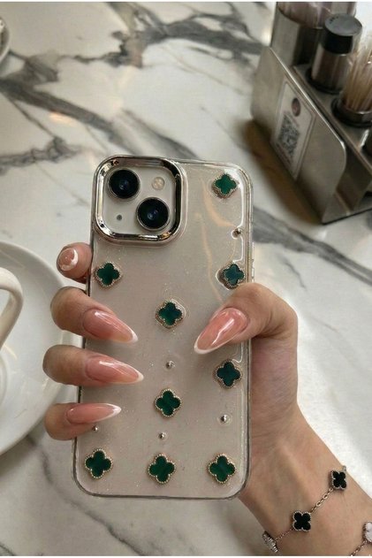 5 Colors Clover Stone Glittery Transparent Phone Case Compatible with iPhone 13-14 Luxury Clover Design