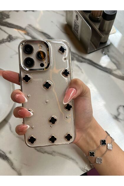 5 Colors Clover Stone Glittery Transparent iPhone 14 Pro Max Compatible Phone Case Luxury Clover Design