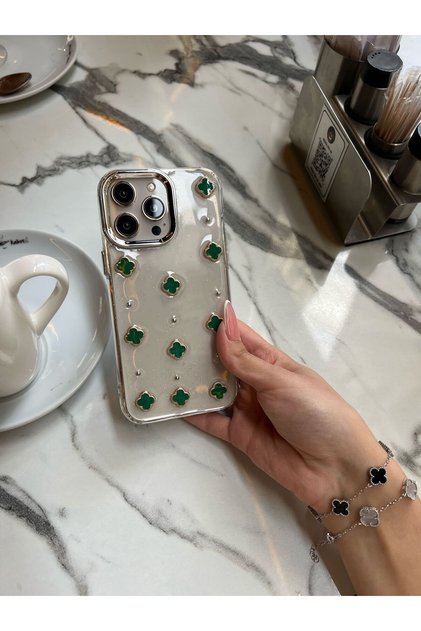 5 Colors Clover Stone Glittery Transparent iPhone 16 Pro Max Compatible Phone Case Luxury Clover Design