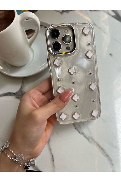 5 Colors Clover Stone Glittery Transparent iPhone 16 Pro Compatible Phone Case Luxury Clover Design