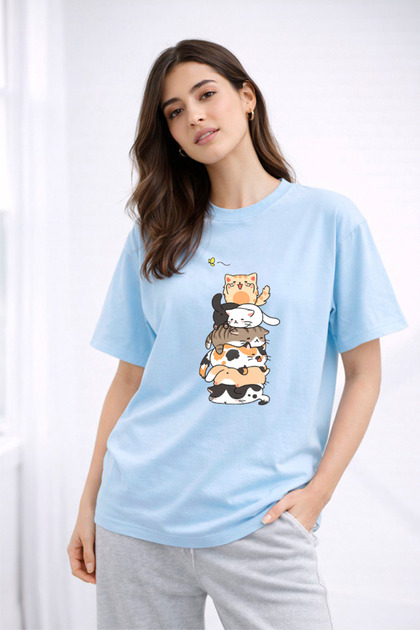Women's Printed Detail Oversize Bol Cut T-Shirt with Cycling Neck