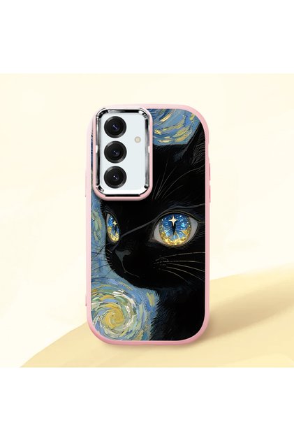 Samsung Galaxy S24 Compatible Shock-Absorbing Camera Protected Pink Silicone Case Cat Patterned