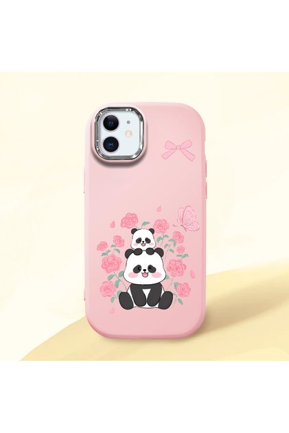 iPhone 11 Compatible Shock-Absorbing Camera Protected Pink Silicone Case Panda Patterned
