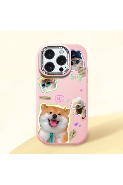 iPhone 15 Pro Compatible Shock-Absorbing Camera Protected Pink Silicone Case Dog Patterned
