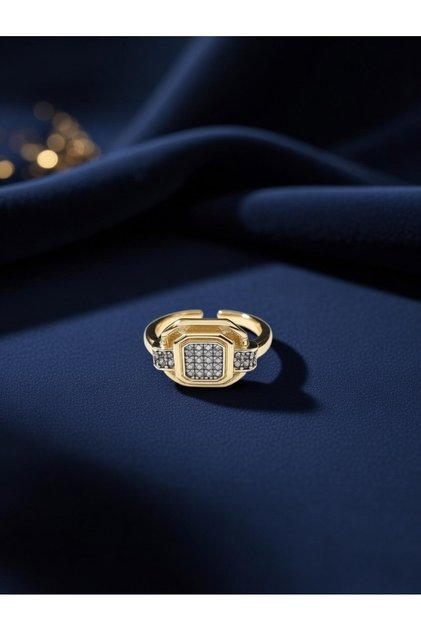 Black and White Zircon Detailed Gold Color Octagon Adjustable Steel Ring-Tarnish Resistant