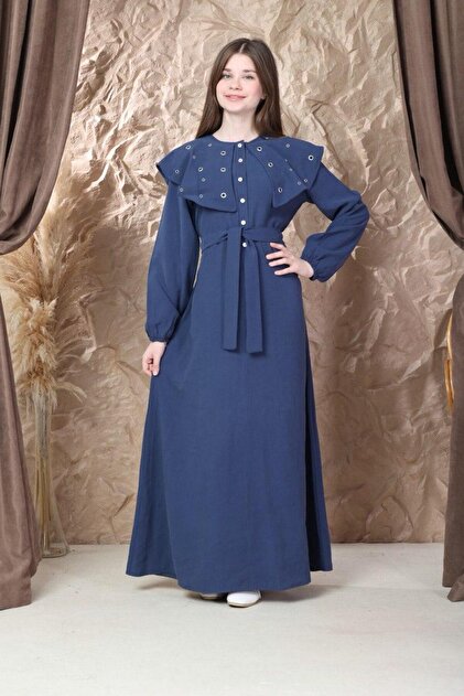 Girls' Blue Dress with Shoulder and Collar Details and Waist Belt