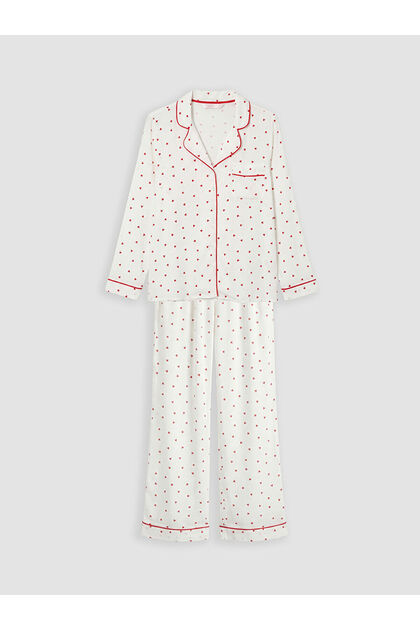Shirt Collar Heart Patterned Women's Pajama Set
