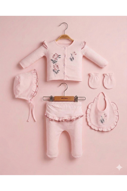 Newborn Baby Girl Hospital Release Set of 5, Rose Embroidered Baby Set of Cotton Pink