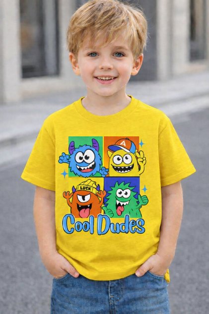 Cool Dudes Monster Printed Kids' T-Shirt - Unisex Cotton Pack Crew Neck Casual Printed Kids' T-Shirt