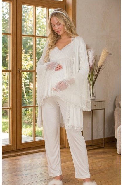 New Season Ecru Long Sleeve Design Elegant Lace Detailed Maternity Pajama Set 3-Piece Set