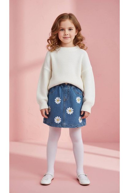Daisy Embroidered Girls' Denim Jeans Skirt