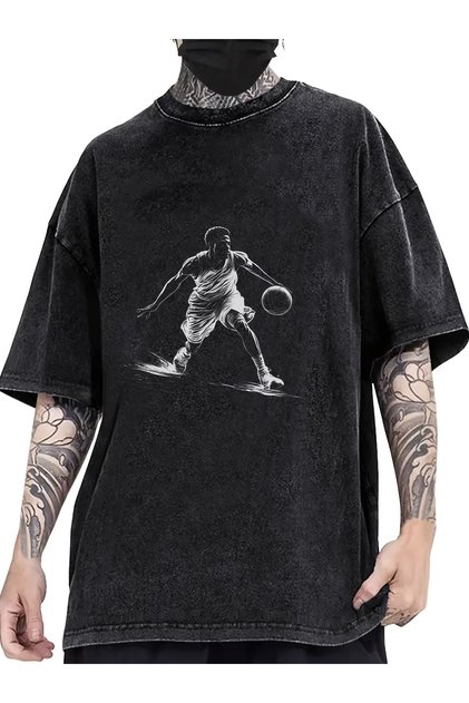 Men's Vintage Washed Black T-Shirt Red Sun Samurai Printed 100% Cotton Oversized