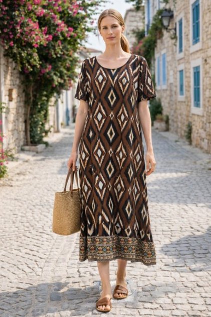 Women's Round Neck Patterned Side Pocketed Casual Relaxed Cut Short Sleeve Dress
