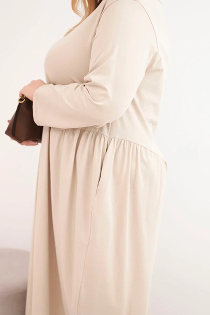 Kesi Women's beige Cotton dress, plus size, with a loose fit and 3/4  sleeves- Trendyol