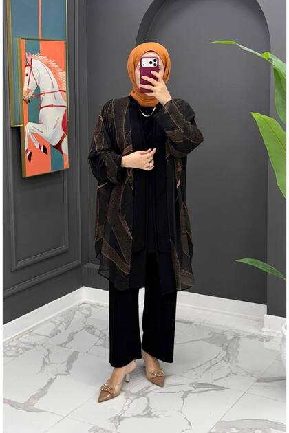 3’lü Tesettür Takım – Şifon Kimono Detaylı Şık Pantolon Takım