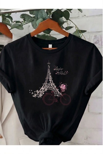 Unisex Black Eiffel Printed Crew Neck T-Shirt