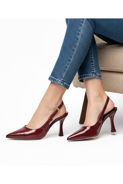 Burgundy Patent Leather Stiletto Long Buckled 9cm Heeled Women's Shoes