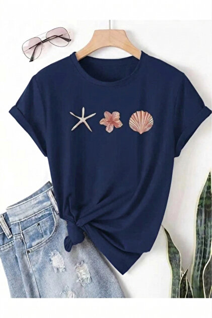 Unisex Navy Blue Starfish Printed Crew Neck T-Shirt