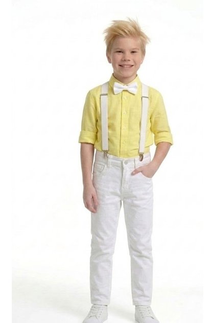 Boy's April 23 October 29 Yellow Sleeve Fold Shirt - White Pants - White Suspender Bow Tie Set