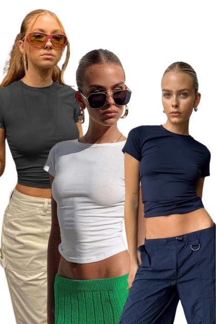 Füme/Lacivert/Beyaz Bisiklet Yaka Basic Kadın Tişört 3'Lü Set MG1725