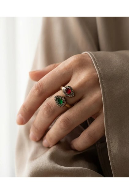 Bronze Jewelry Authentic Red Green Crystal Stone Tulip Model Front Adjustable Vintage Women's Ring