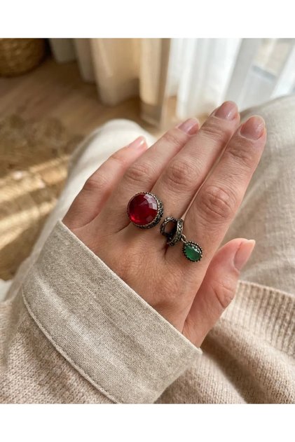 Bronze Jewelry Authentic Red Crystal Stone Snake Model Front Adjustable Vintage Women's Ring