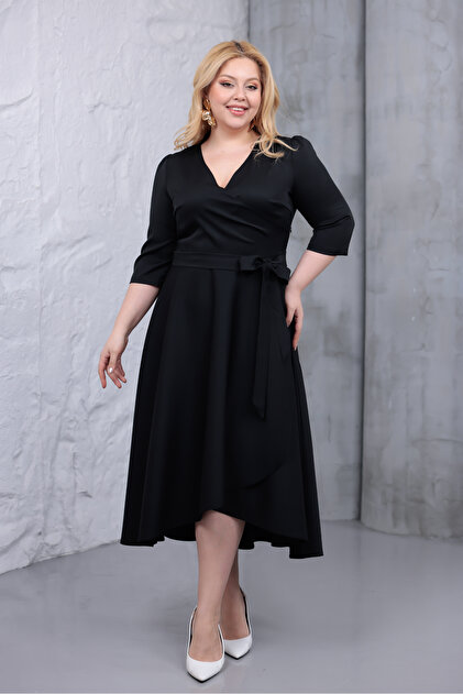 short front long back dress plus size Women's Front And Back V-Neck Chiffon Plus Size Crepe Short Dress With Stone Details And Rose Embellishments