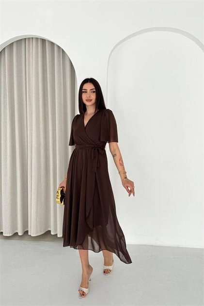 Women's Brown Belted Double-Breasted Collar Wrap Chiffon Dress Nbk4520