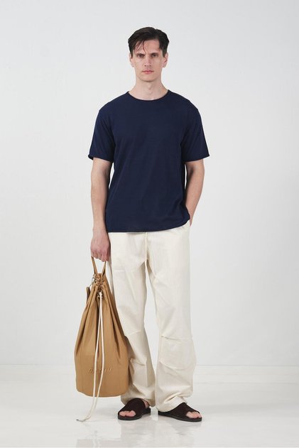 Flowy Navy Blue Linen Knitwear T-Shirt