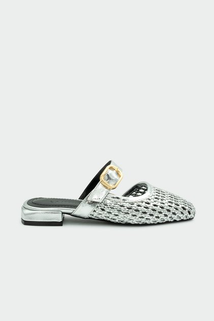 Duca Knitted Detail Buckled Women's Silver Slipper