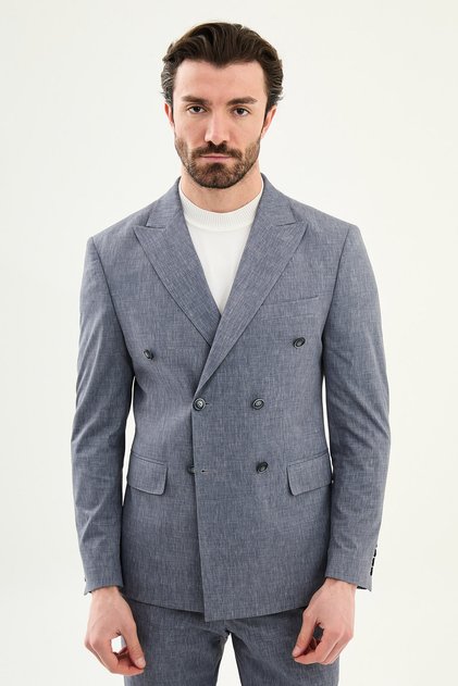 Patterned Slim Fit Wide Collar Double-Breasted Men's Suit Navy Blue - 45439.26Y