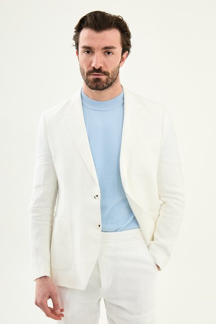 Plain Slim Fit Mono Collar Pocket 100% Linen Men's Jacket Ecru - 41487.26Y