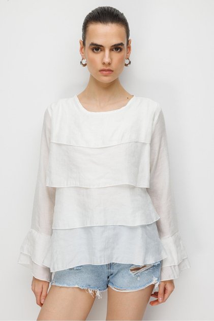4831 Women's Layered Detailed Ruffled Long Sleeve Blouse Ecru